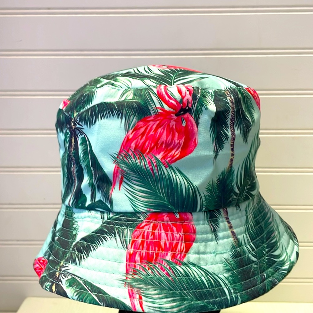 Pink Flamingos 🦩 & Palm Trees Multicolored Reversible Cotton Bucket Hat
